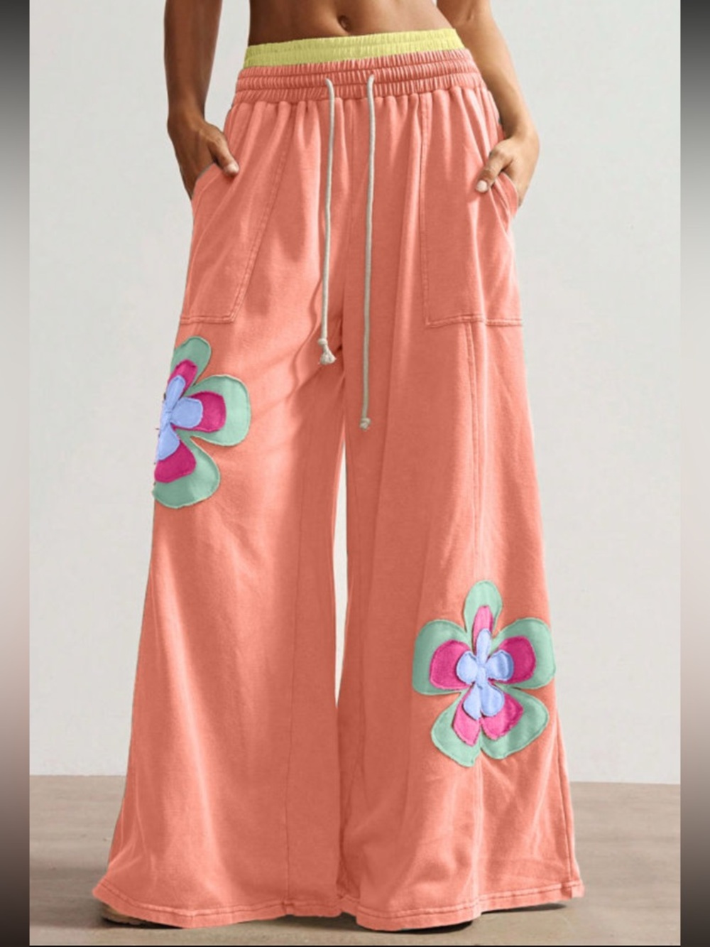 1214. Orange Colorblock floral patchwork wide leg elastic waist pant
